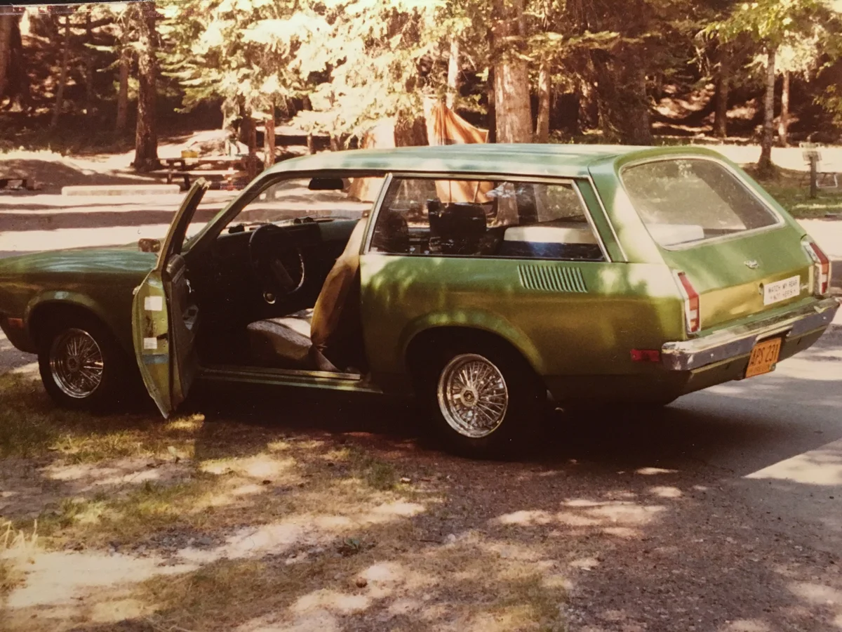KERMIT!.. My lawnmower-hauling Chevy Vega wagon of 1981. (bumper sticker “Watch my rear, not hers”)