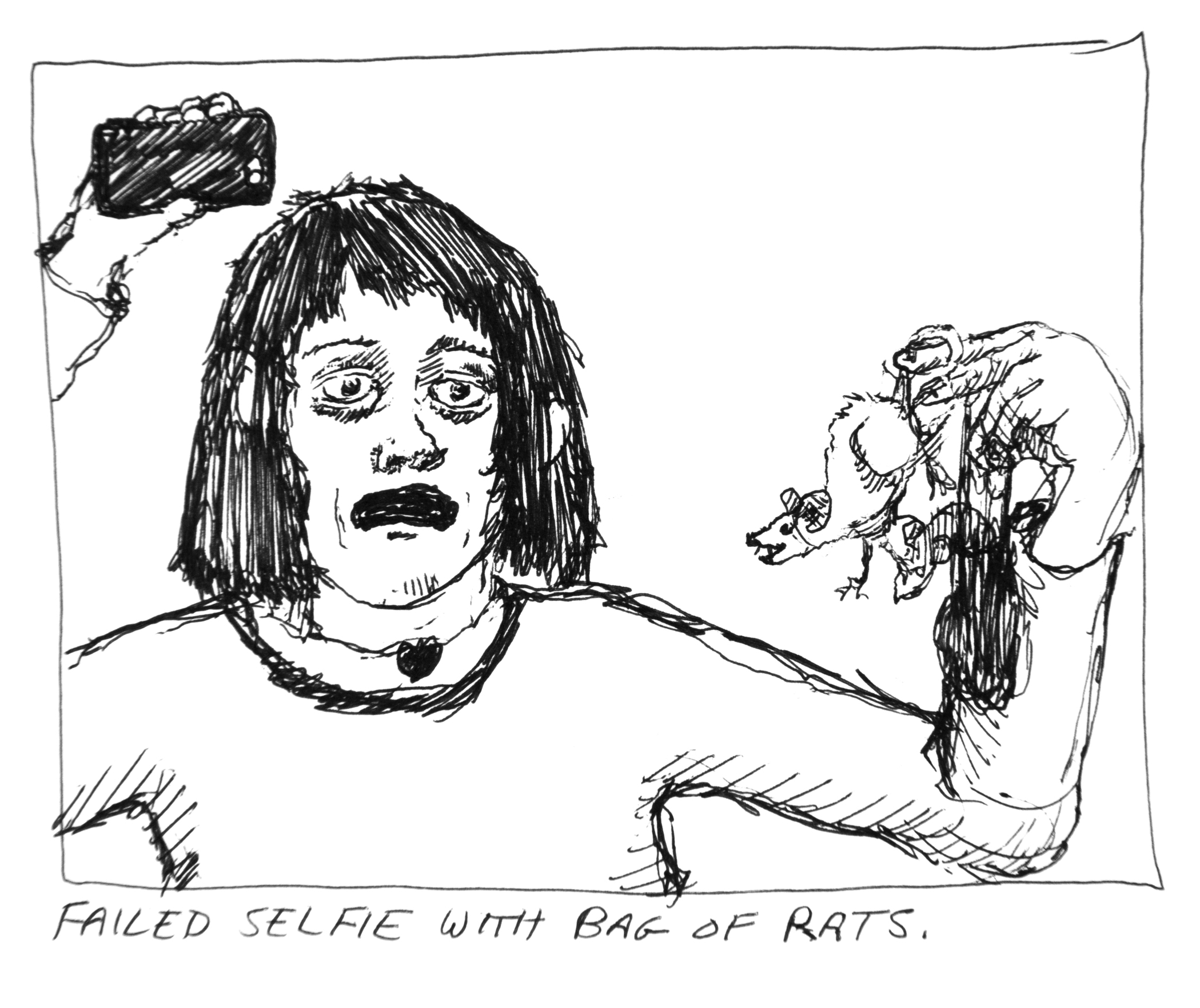 Selfie With Bag of Rats, 2017. Ink on paper. 10 x 10 inches.