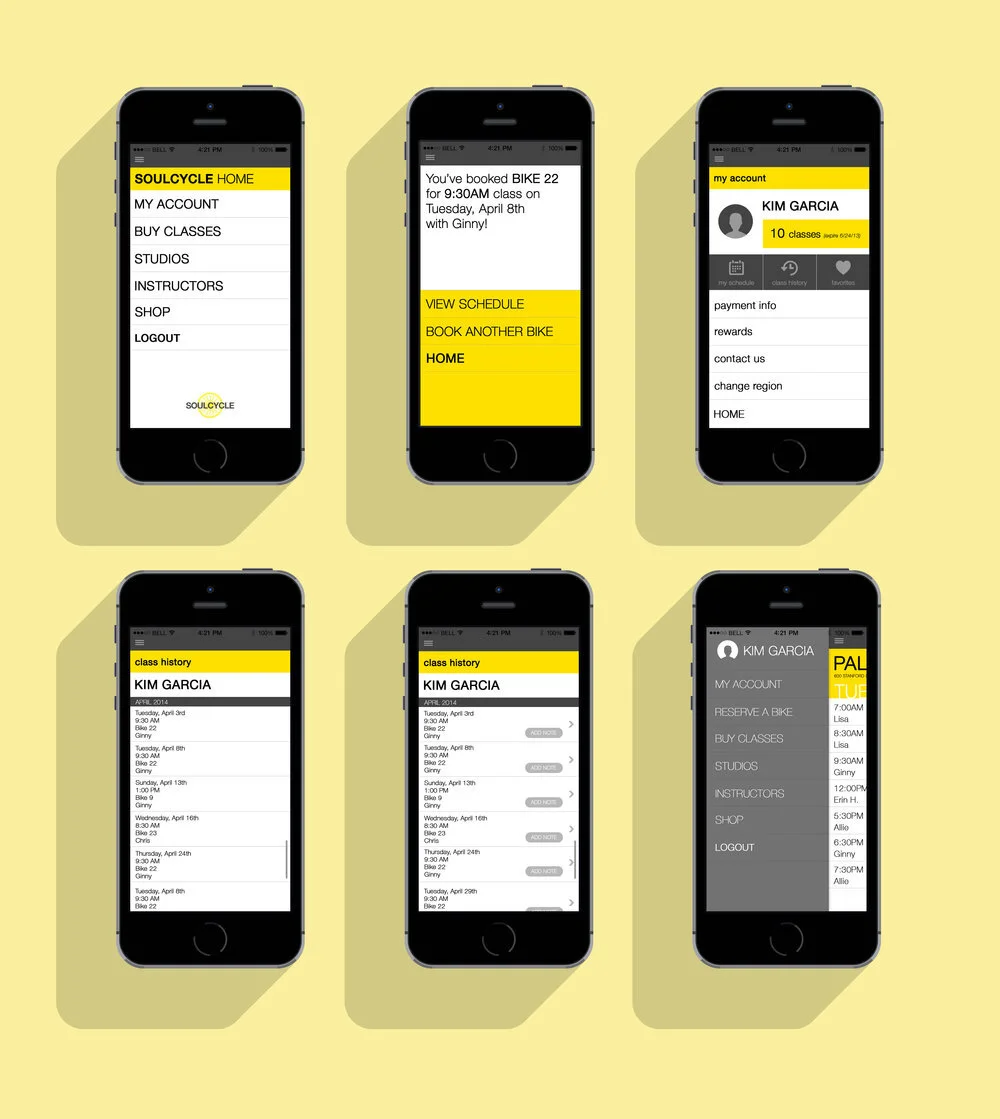  I used a flat design style as well as colors and graphic elements consistent with SoulCycle’s current branding. My design uses finer lines and more straight edges than their current app design but still matches the brand's strong visual branding. 