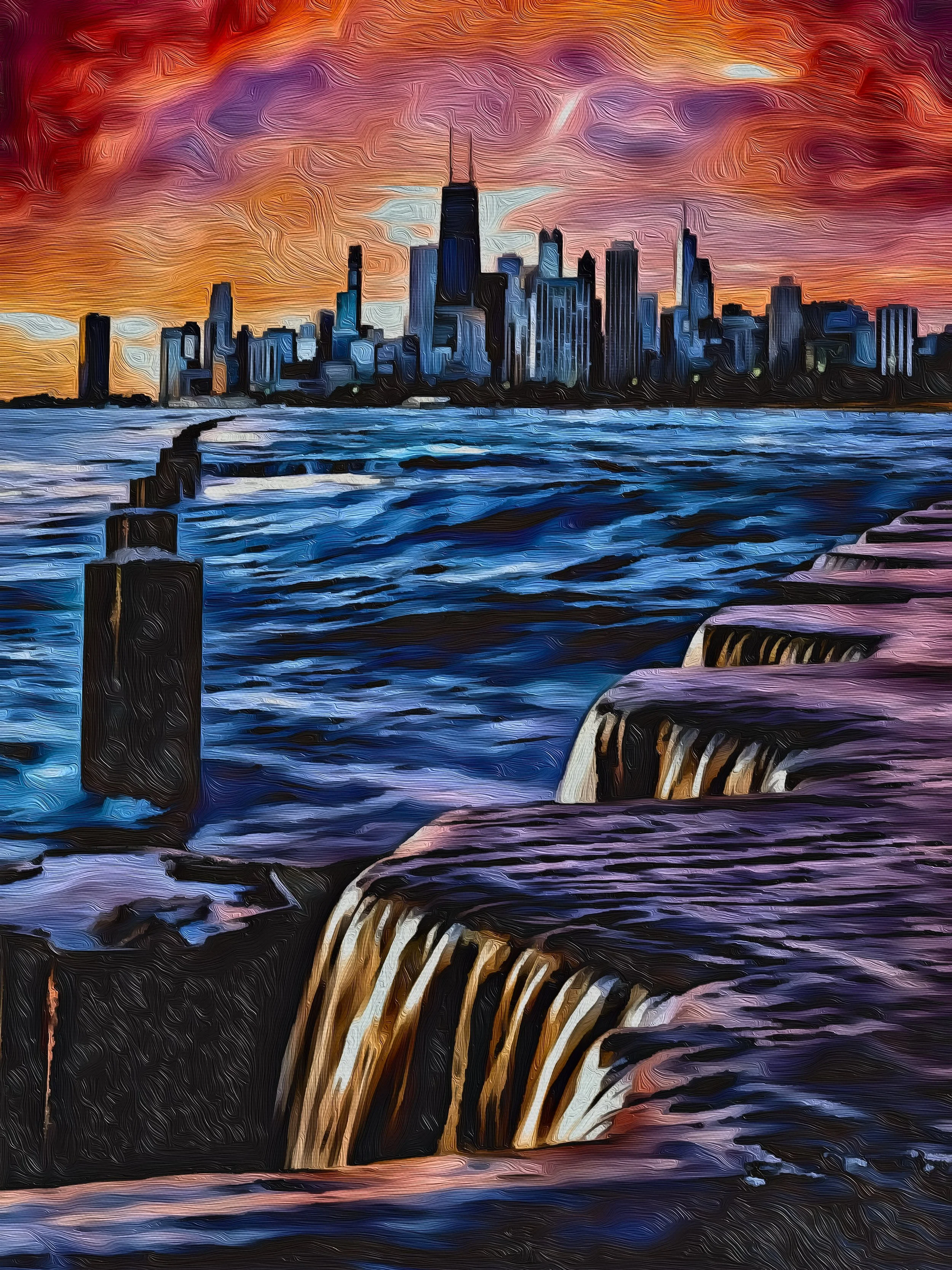 An artistic painting of a city skyline at sunset with a river and a dam in the foreground.