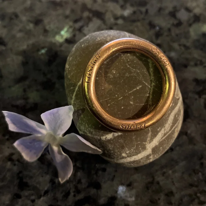 My not wedding ring with the names of my 3 sons on one side and my 3 daughters on the other - made by my youngest son.
