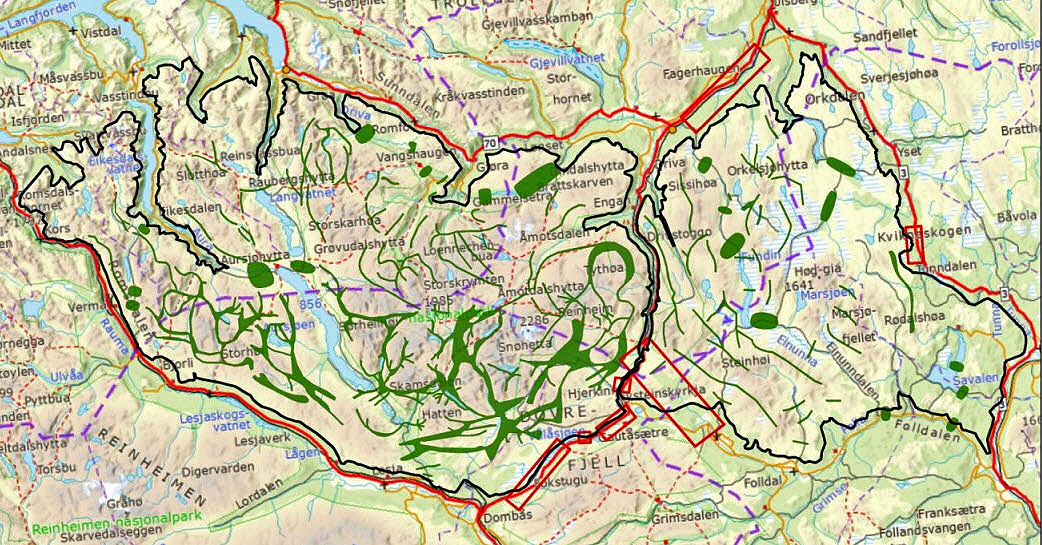 Dette kartet viser planområdet (Snøhetta og Knutshø), men er ikke identisk med kartet i Regional plan for Dovrefjellområdet. Kartet er hentet fra NINA Rapport 800: Villreinen i Snøhetta og Knutshø. De mørkegrønne markeringene viser trekkområder for villreinen.