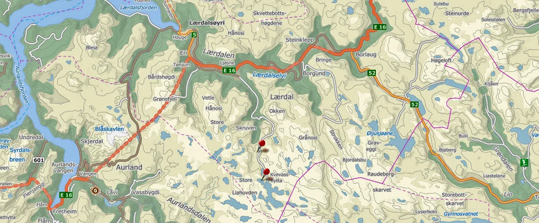 I statsråd fredag 13. februar 2015 ble det gitt konsesjon til bygging av Gravdalen kraftverk i Lærdalsfjella. Kartgrunnlag: Finn.no