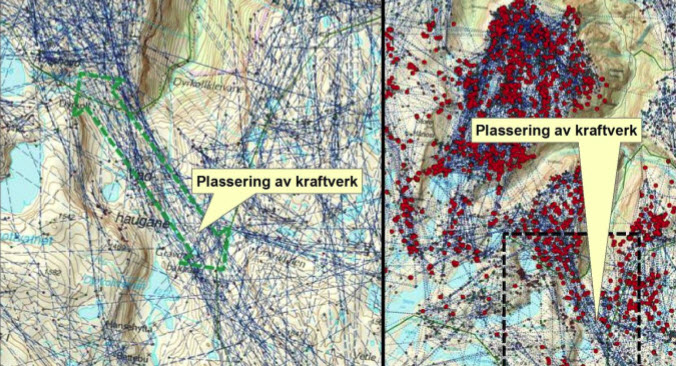 Illustrasjonen over viser plasseringen av Gravdalen kraftverk i forhold til GPS-dokumentert trekkrute (til venstre) og GPS-plott i kalvingsperioden inkl. linjer som viser trekk. Kartfigurene er hentet fra O. Strand et al. 2011