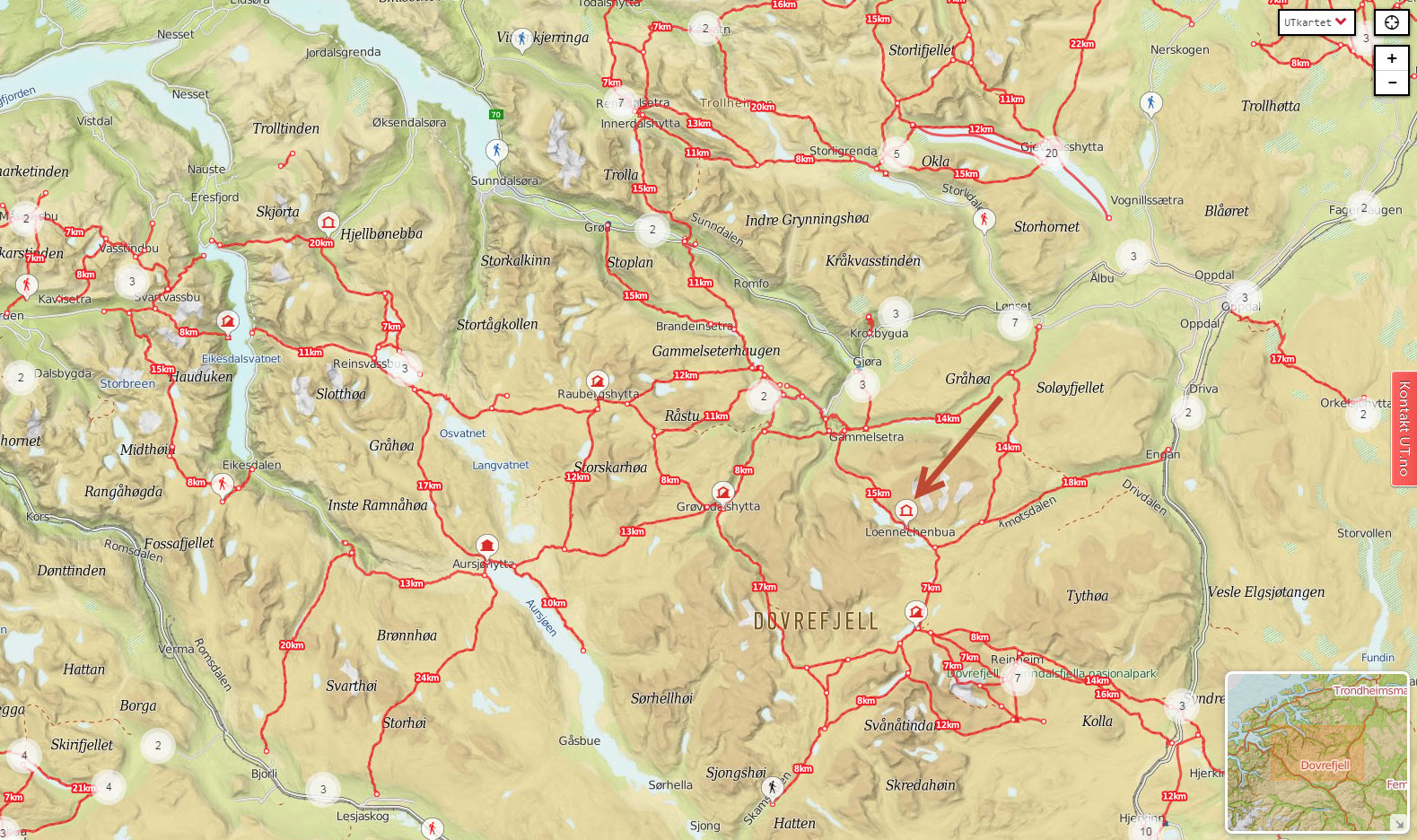 Kartet viser plasseringen av Loennechenbua (markert med rød pil). Kart: Ut.no