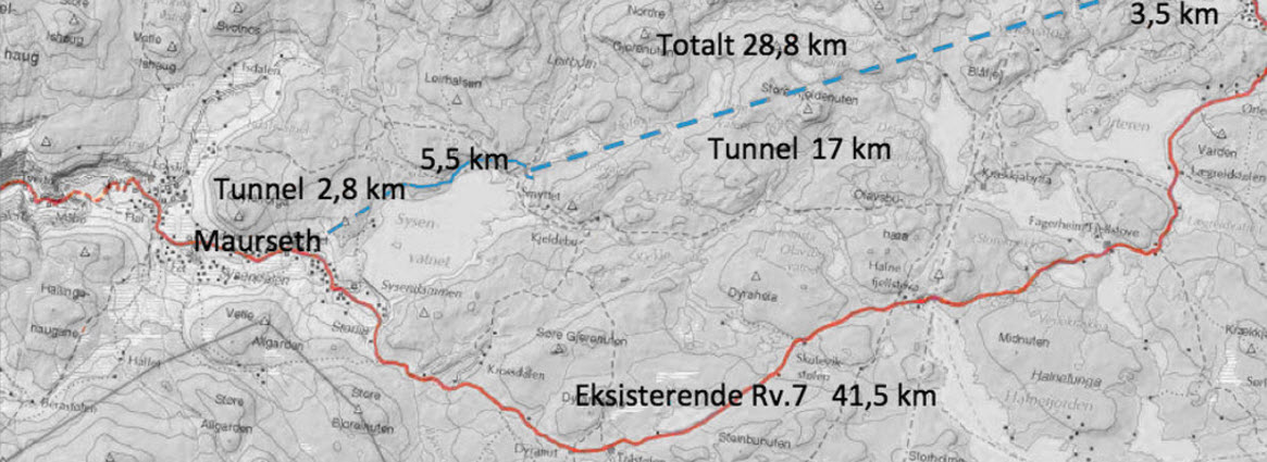 Skissen (blå stiplet linje) viser tunnelløsningen som selskapet Hardangerviddatunnelene AS jobber for å få realisert. Kartet er hentet fra nettsiden: hardangerviddatunnelene.no