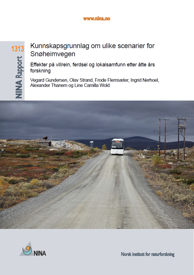 Klikk på bildet for å laste ned NINA rapport 1313 "Kunnskapsgrunnlag om ulike scenarier for Snøheimvegen".