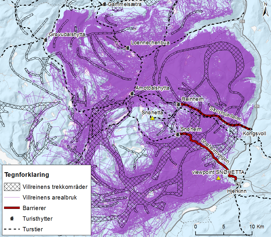 Situasjonsbeskrivelse av villreinens trekkområder og de to aksene Snøheimvegen og Stroplsjødalen som villreinen må krysse for å komme til vinterbeitene i sør. Klikk på figuren for å forstørre. Kilde: Figur 1 i NINA rapport 1313.
