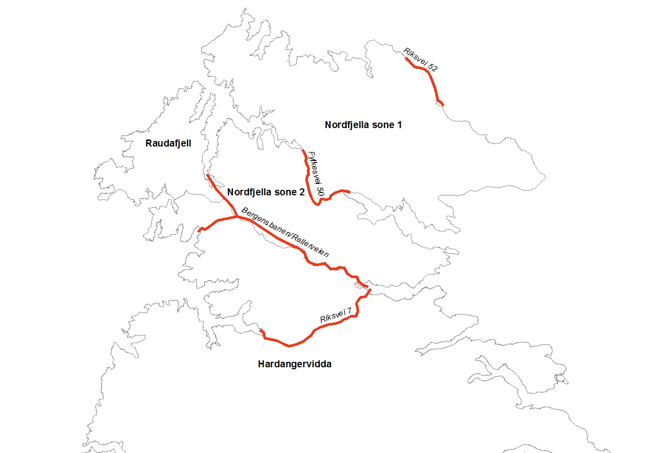 Grovskalakart over Nordfjella og Hardangervidda med beskrevne vei- og jernbanetraseer. Klikk for større versjon. Kartarbeid: Anders Mossing/Norsk Villreinsenter Sør.