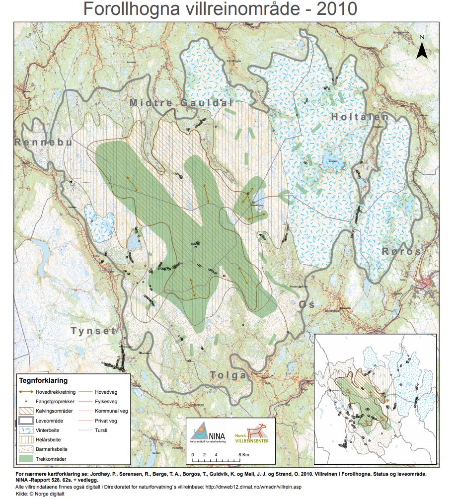 Leveområdekart for Forollhogna villreinområde. Figur: NVS/NINA