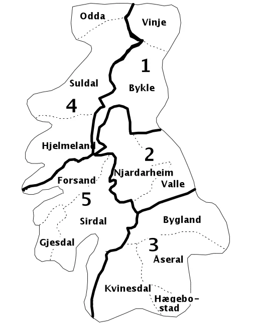 Fylker og kommuner i Setesdal Ryfylke villreinområde. Figur: Setesdal Ryfylke villreinlag