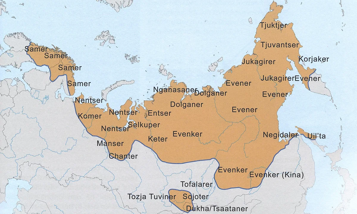 Kart over reindriftsfolk i Nord-Europa og Asia. Illustrasjon frå boka.