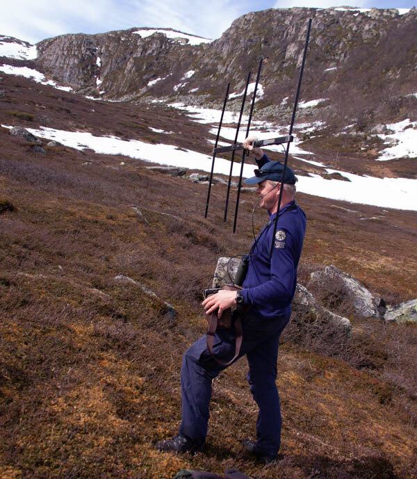 Morten Elgaaen på oppdrag for SNO - her handlar det om å peile ei bortkomen simle med radiosendar, dyret har falle utanfor ein skrent. Foto: Kjell Bitustøyl