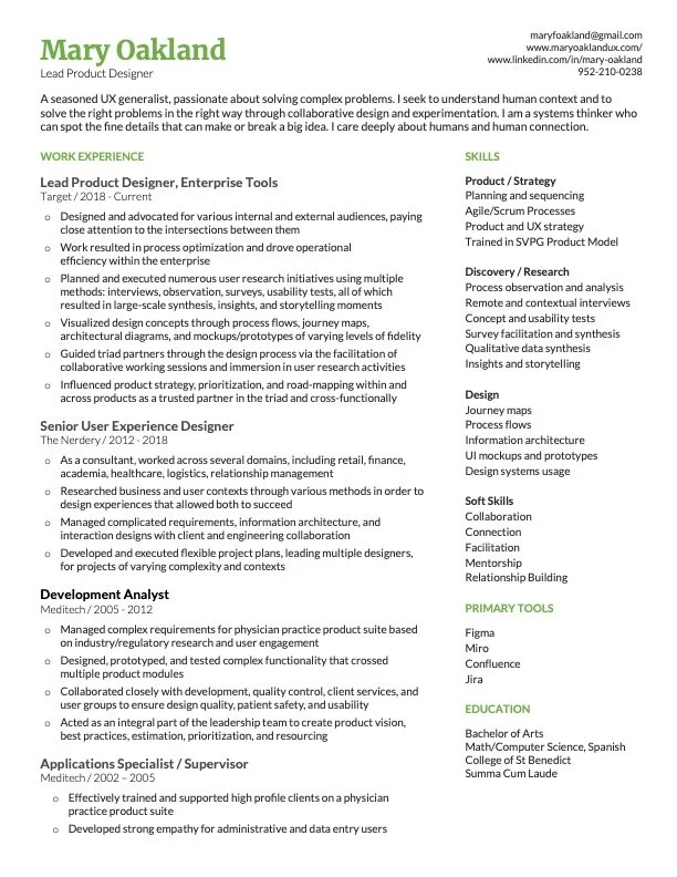 Mary Oakland resume. Please see linked in profile for an accessible version. www.linkedin.com/in/mary-oakland