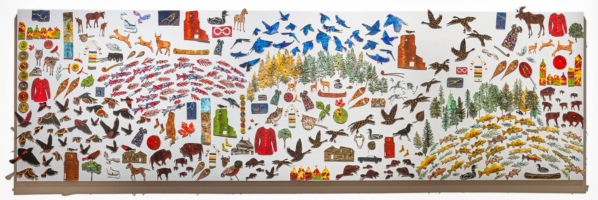 All My Relations, 2018. Icons were hand and laser cut from the artist's archives of plant-based works. Plant material, archival prints, magnets. 120" X 36"