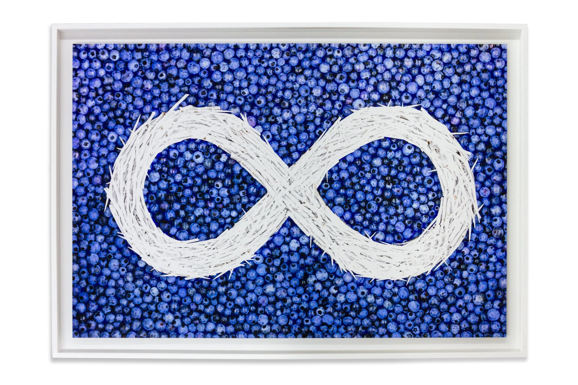   For Jean-Guy , 2021.  Photographies de bleuets et d'aubépines. Imprimé avec des encres réactives sur toile de coton. Support en bois. Tirage d’archive.  66" X 45". 
