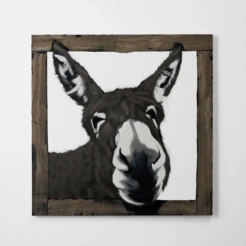 Expressive donkey portrait framed by rough wooden edges on a white background by New York City based painter Josh Brown.