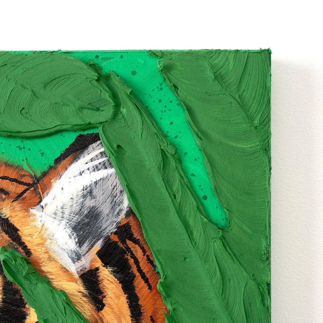Close-up of a tiger’s ear contrasted against bright green foliage in a modern fine art painting by Josh Brown.
