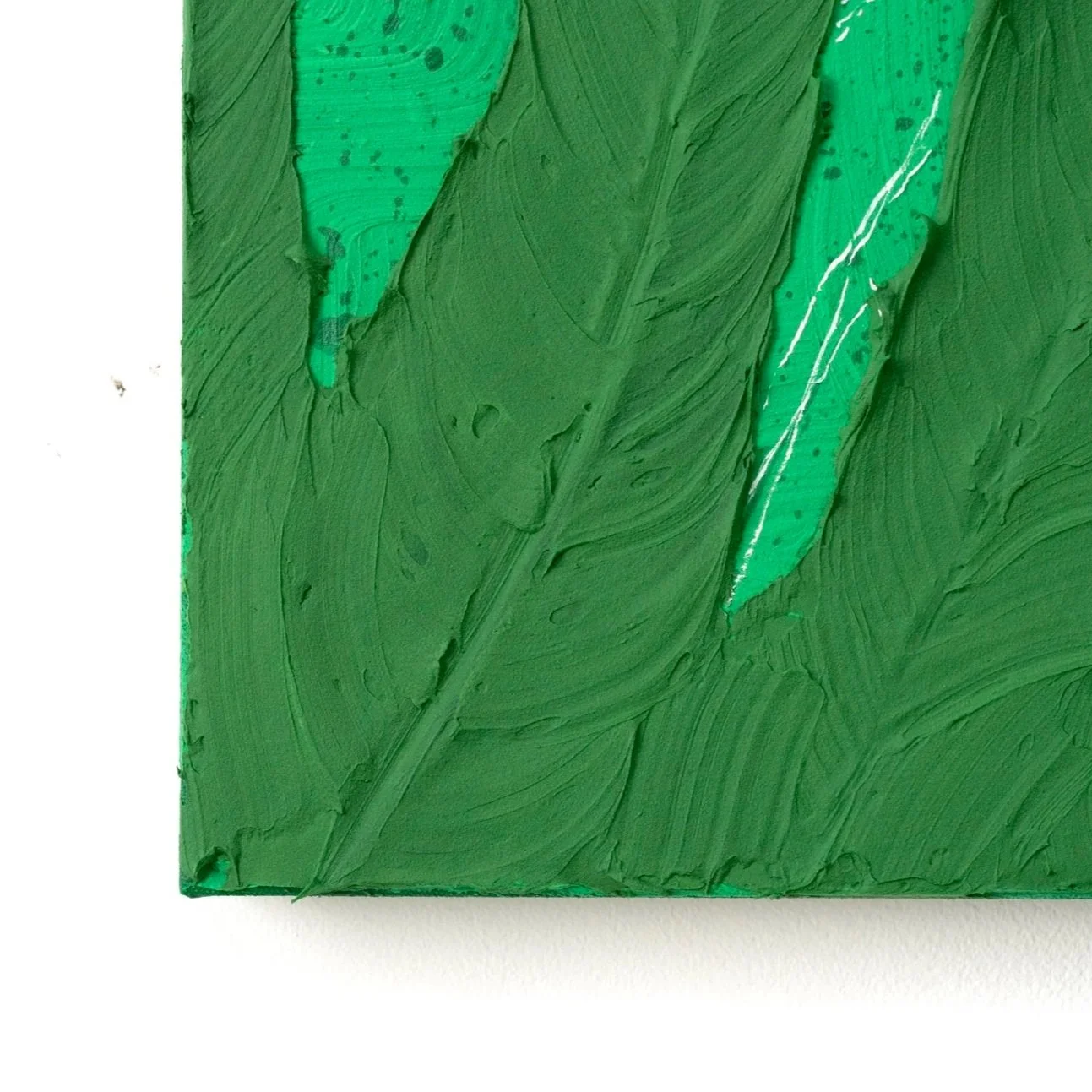 Detail crop highlighting heavy impasto leaves framing a tiger portrait in a modern jungle-inspired artwork by Josh Brown.