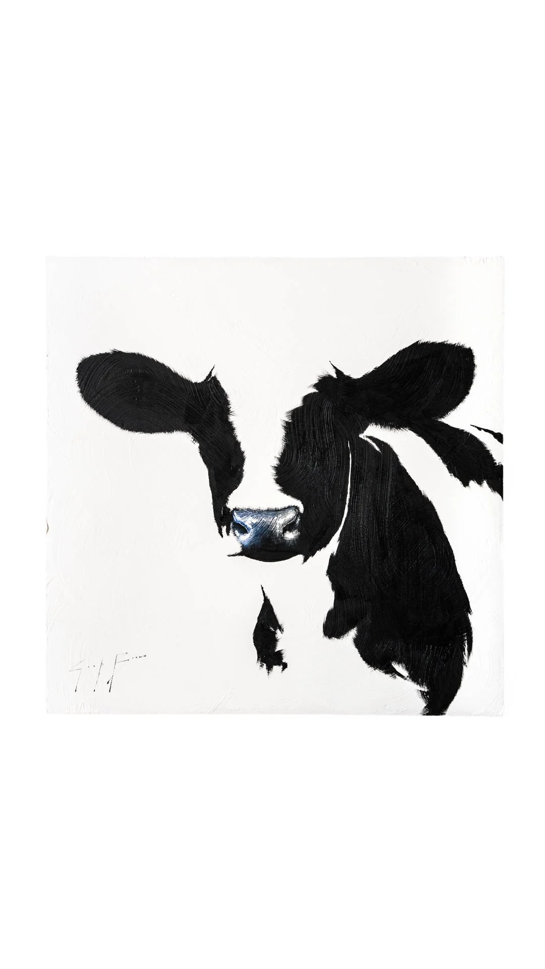 Minimalist calf portrait formed from bold black brushstrokes on a textured white ground by Josh Brown.