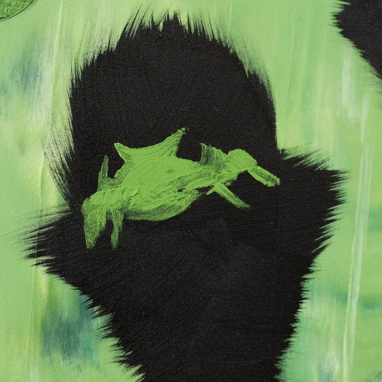 Close-up highlighting painterly texture, scraped paint, and tonal variation with a rendered ostrich head in a contemporary green abstract figurative animal artwork by Josh Brown.