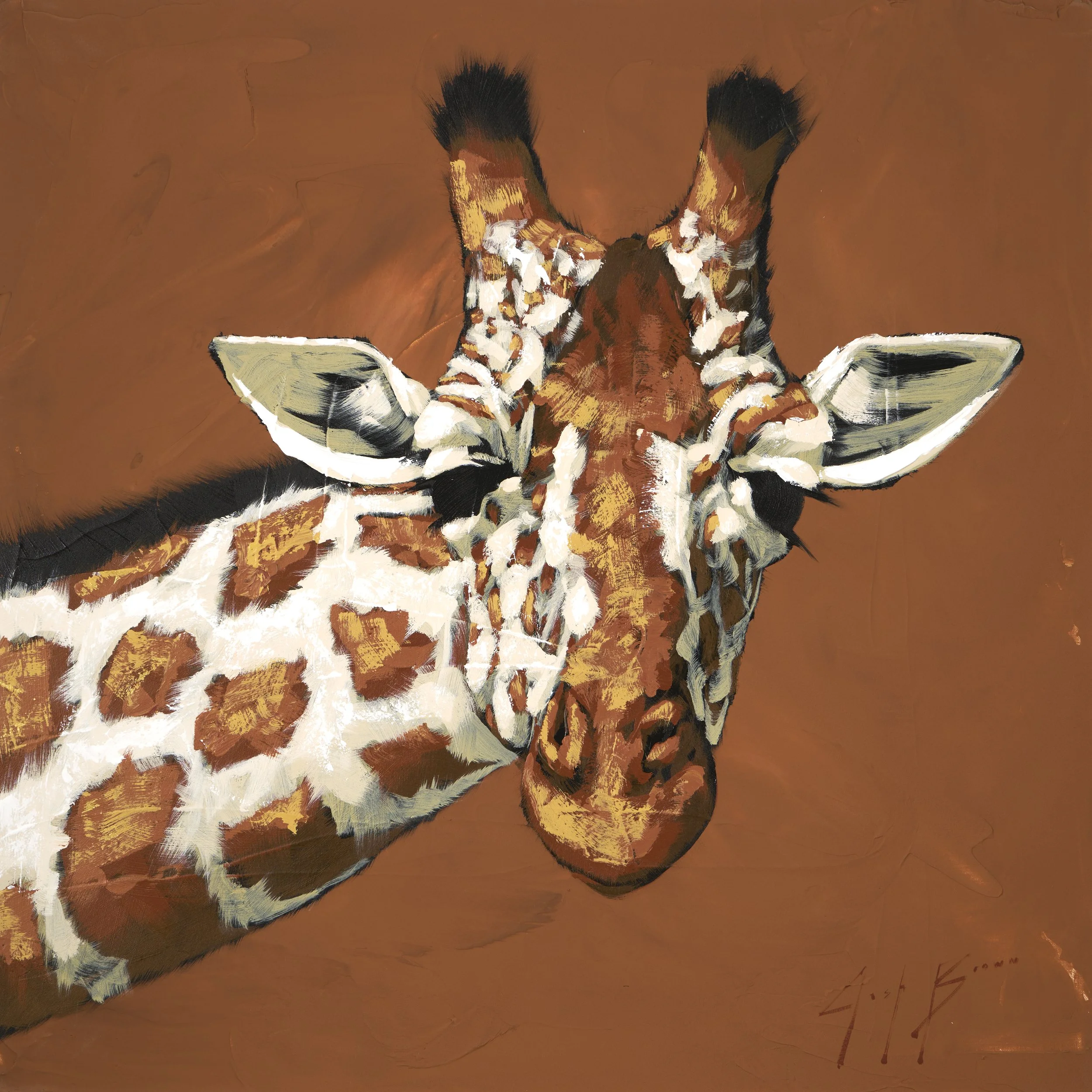 Original acrylic painting of a giraffe rendered in warm ochre and ivory tones against a rich terracotta background, featuring expressive brushwork and bold texture. Contemporary wildlife fine art for collectors seeking refined, modern statement piece