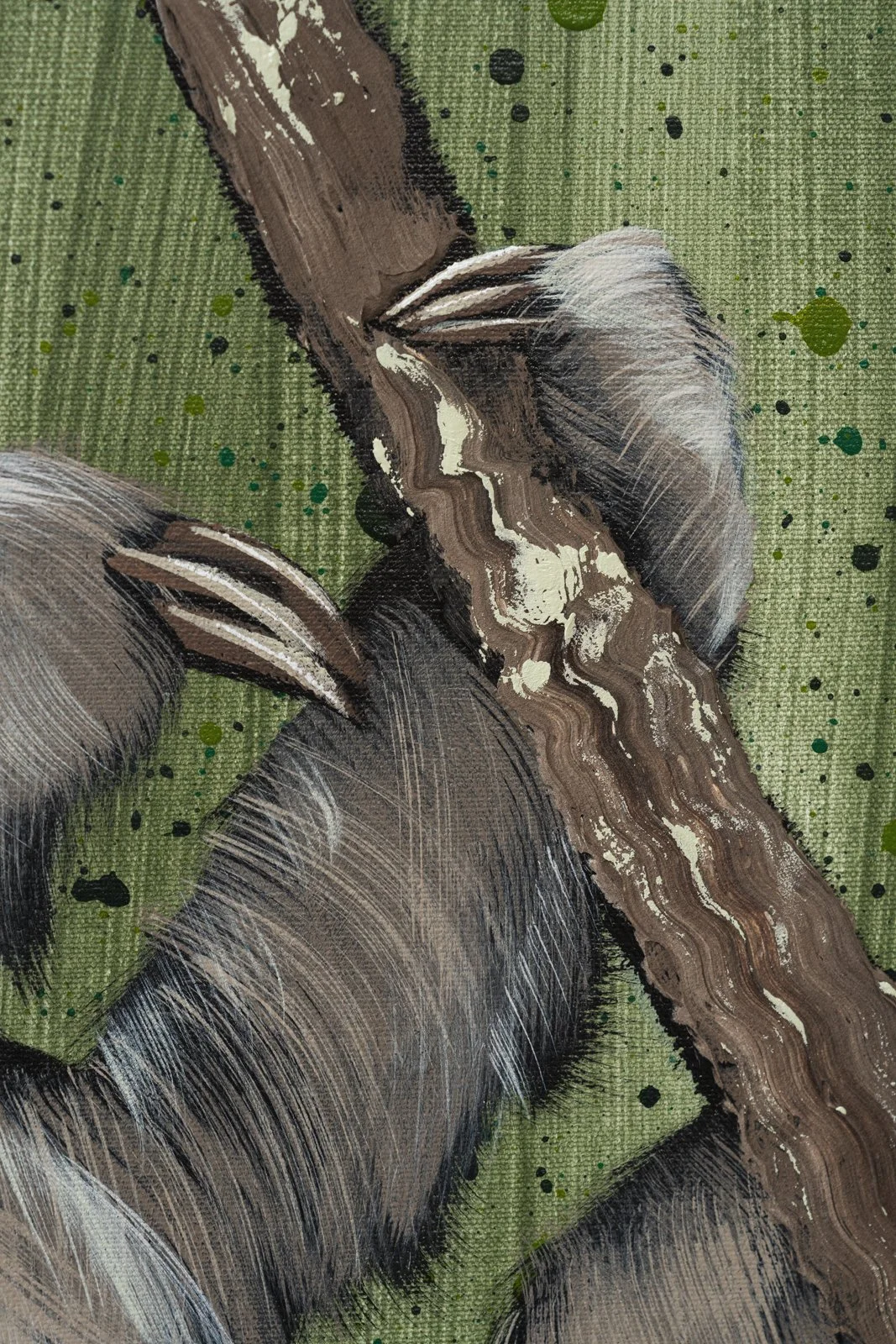 Close-up of a relaxed sloth pose in a colorful fine art painting, blending realism with lighthearted character by Josh Brown.