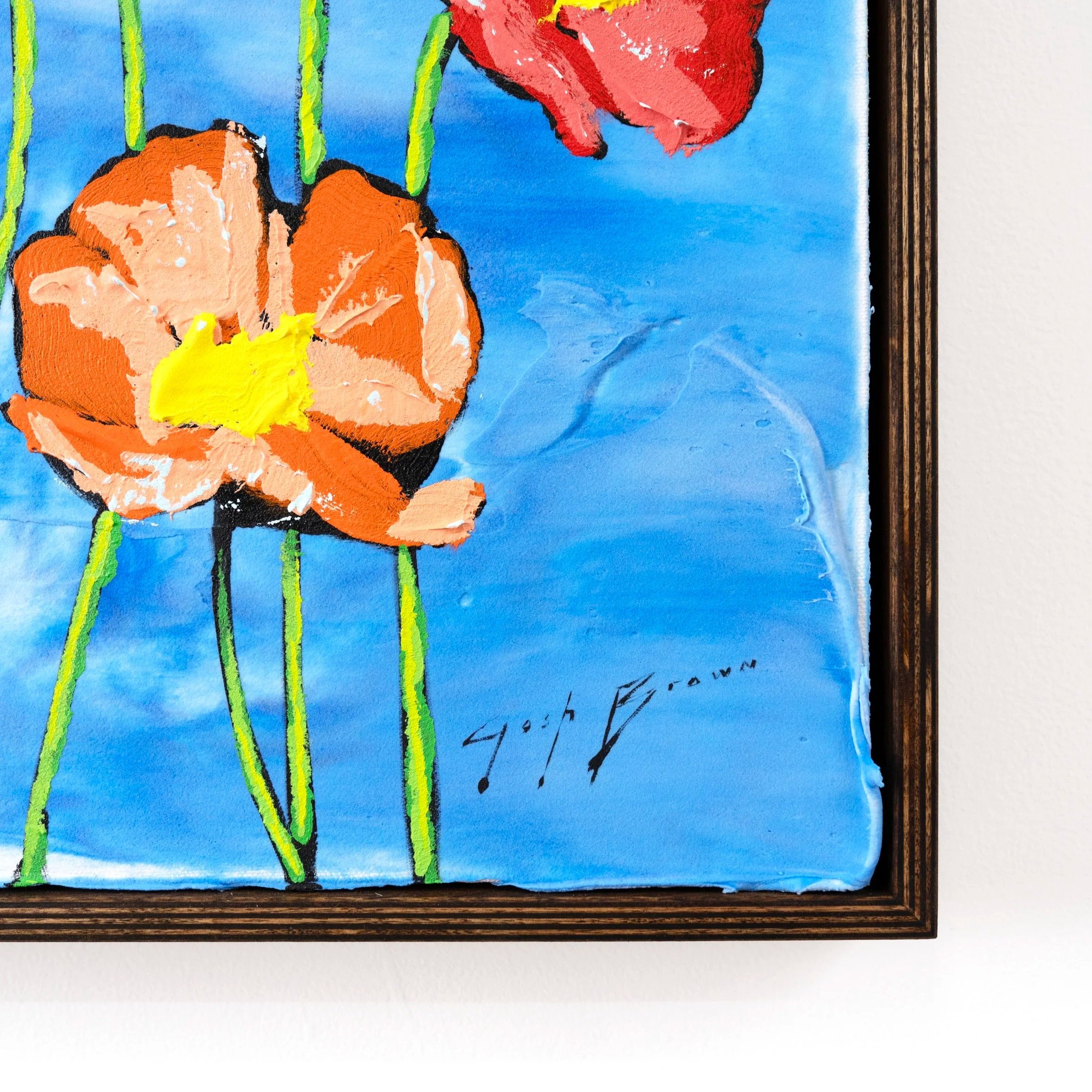 Original acrylic artwork featuring expressive flowers rising on green stems beneath a bright blue sky by Josh Brown.