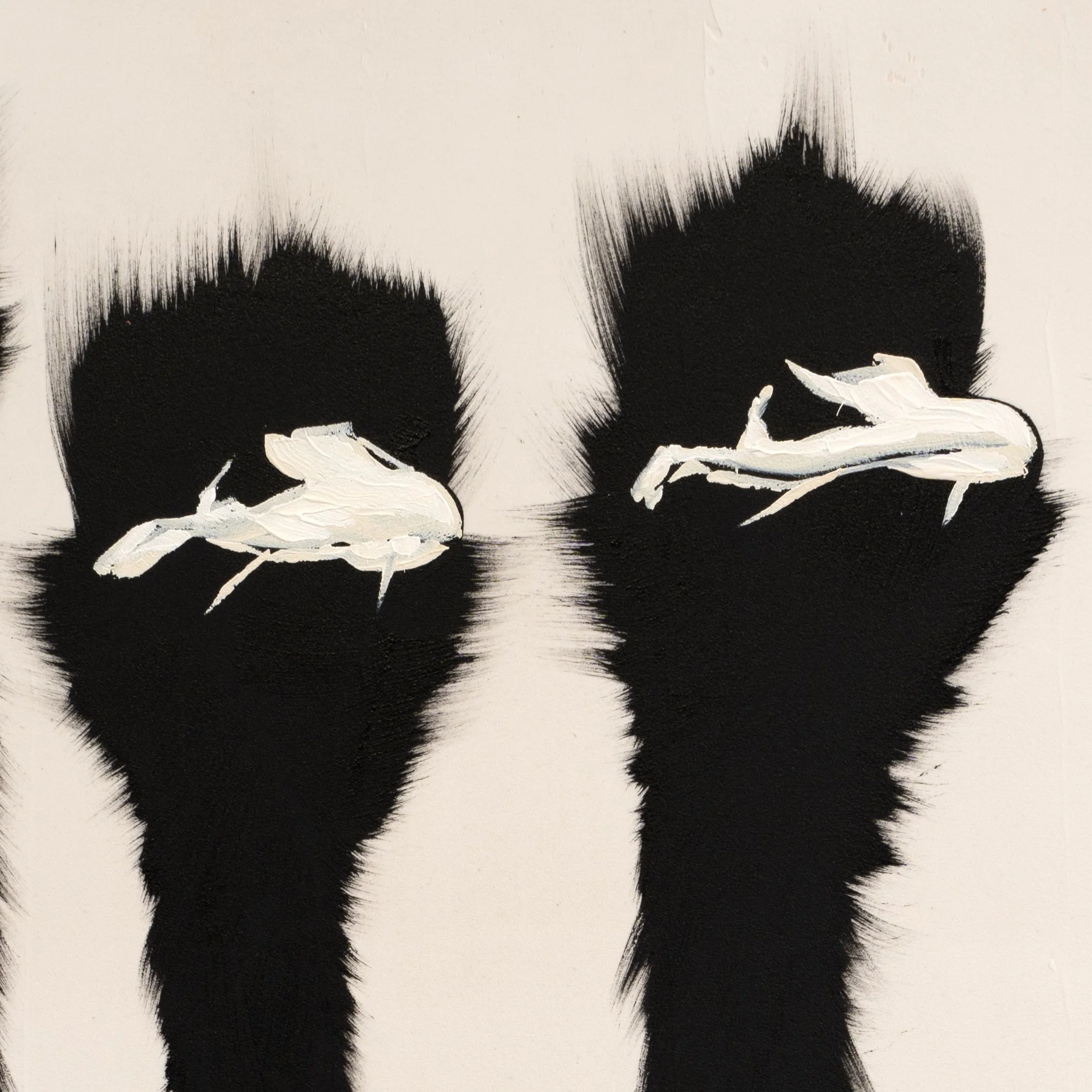 Zoomed-in section showing subtle edge textures and raw canvas details in a minimalist animal-inspired painting featuring two ostrich heads by New York City based painter Josh Brown.