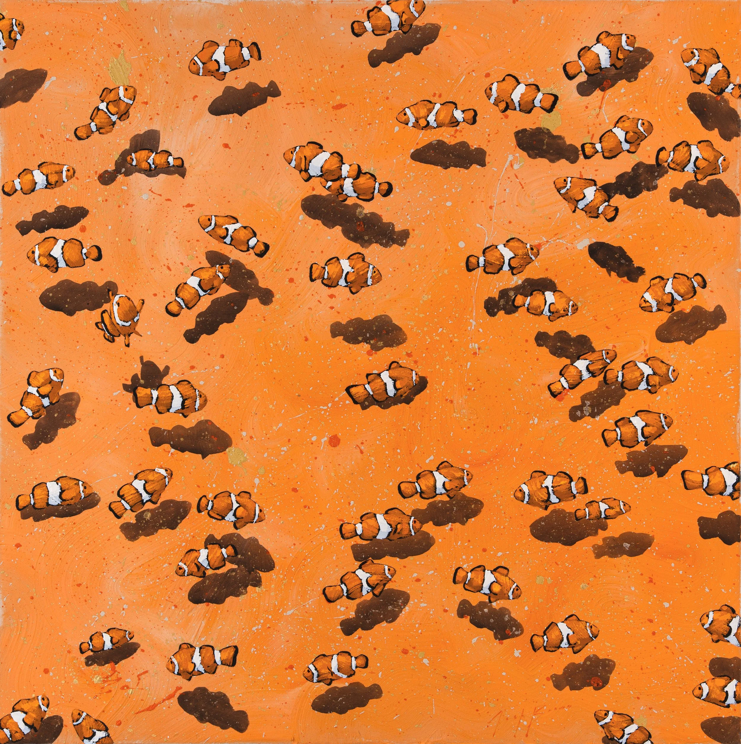 Original acrylic painting depicting dozens of hand-painted orange clownfish drifting across a richly textured orange surface, each casting a dark shadow that adds depth, movement, and a rhythmic, patterned composition by Josh Brown.