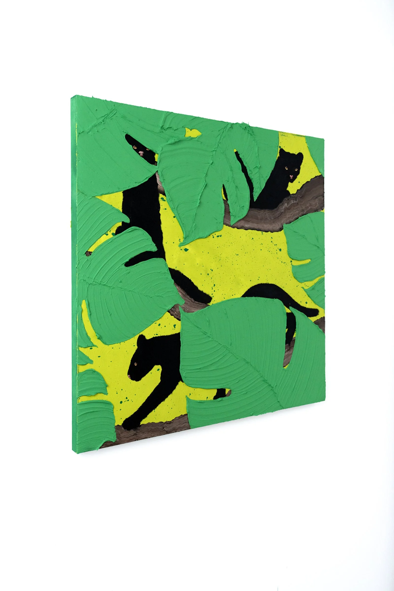 Angled  view of a panther painting partially hidden behind lush green leaves, featuring bold color contrast and thick, expressive brushstrokes by New York City based artist Josh Brown.