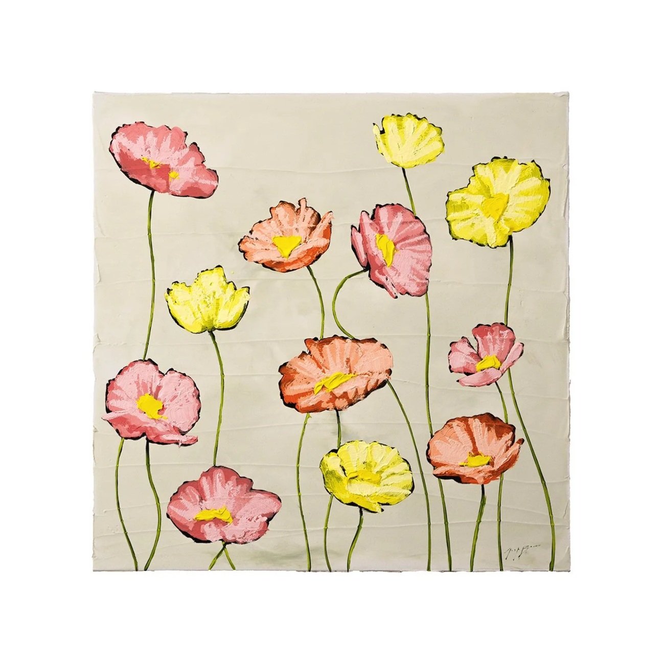 Original acrylic floral painting with pink and yellow flowers on a soft sage background by Josh Brown.
