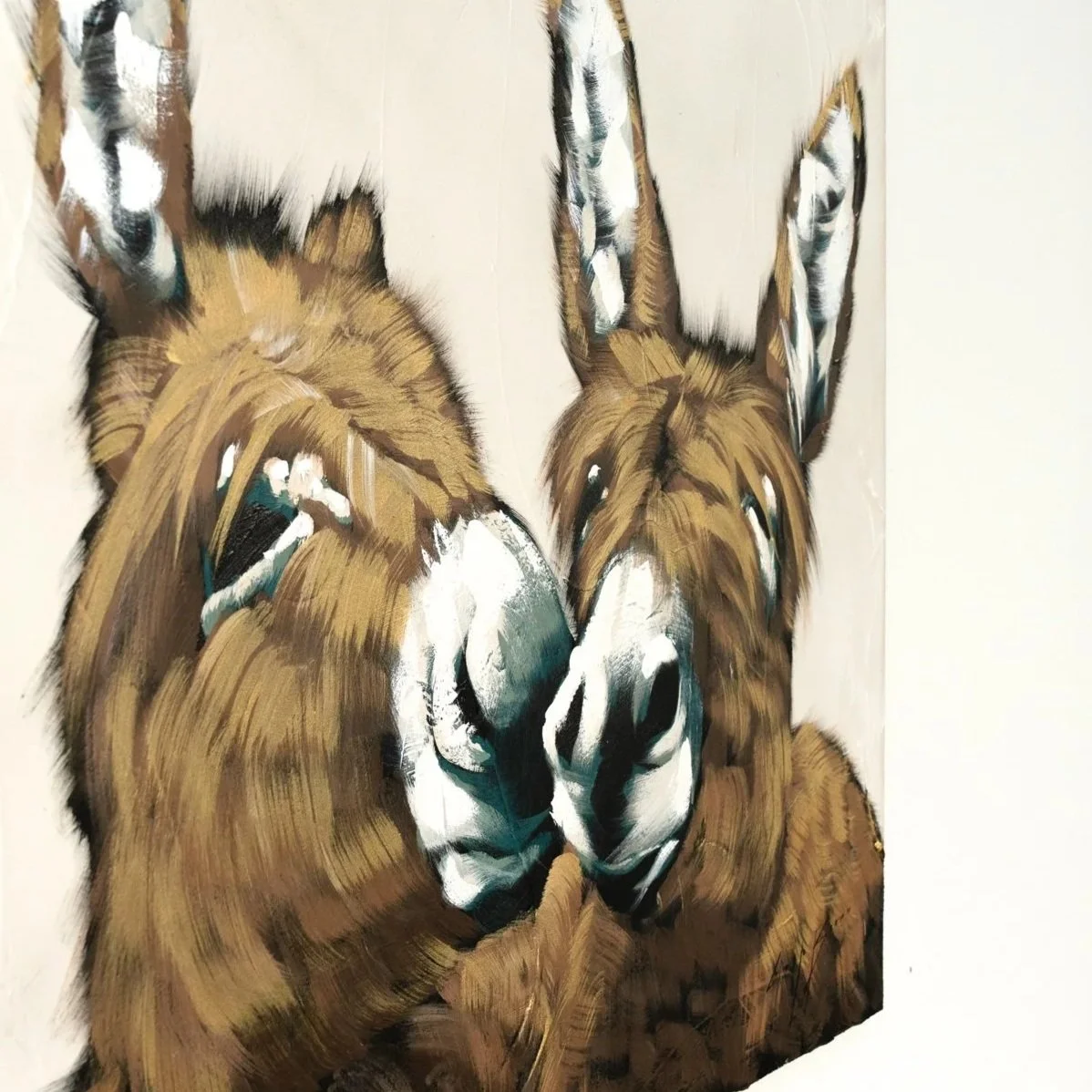 Two-donkey portrait blending abstraction and charm in a modern acrylic style by Josh Brown.