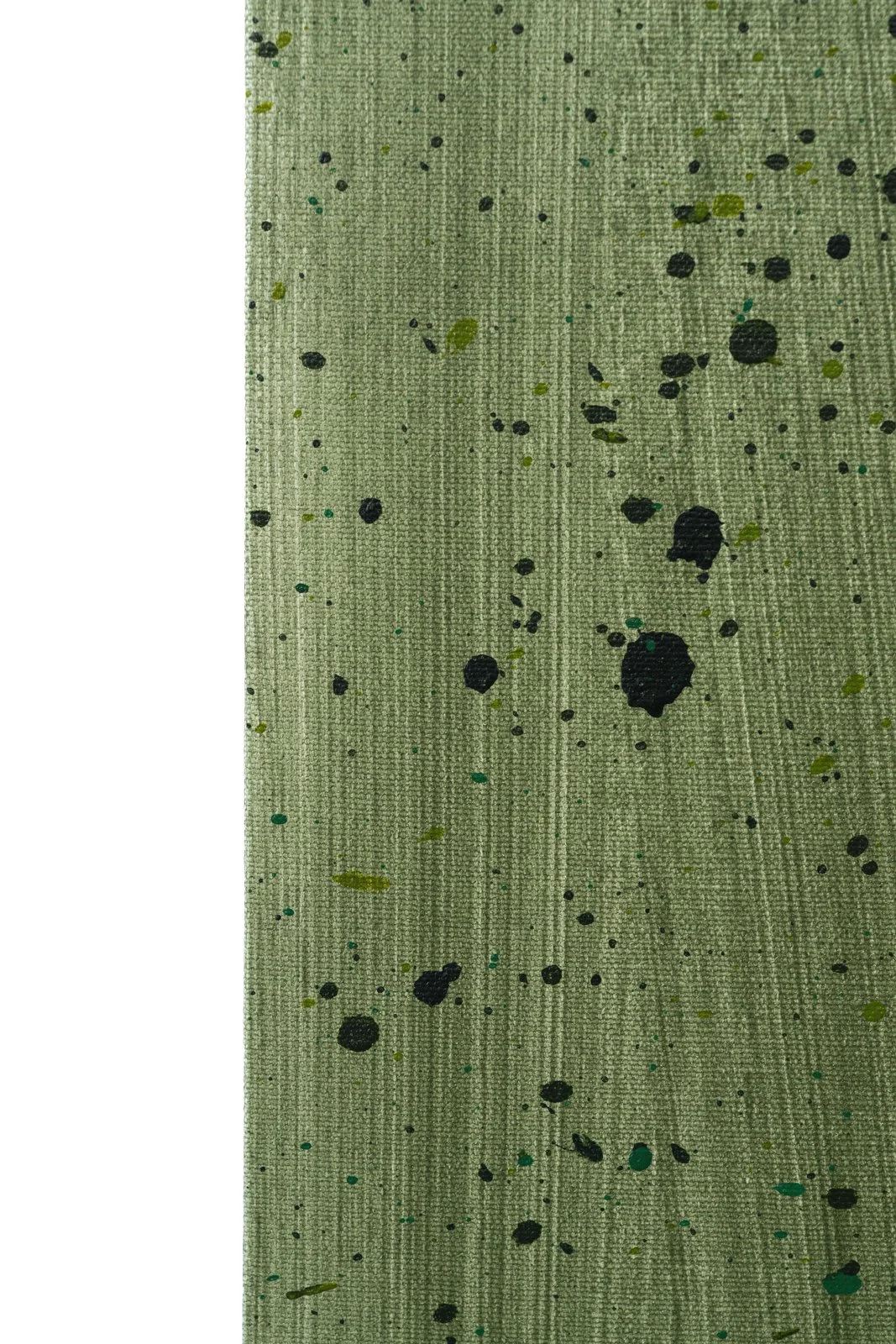 Close-up of layered green background with paint splatter texture in a modern sloth painting, adding depth and movement by NYC painter Josh Brown.