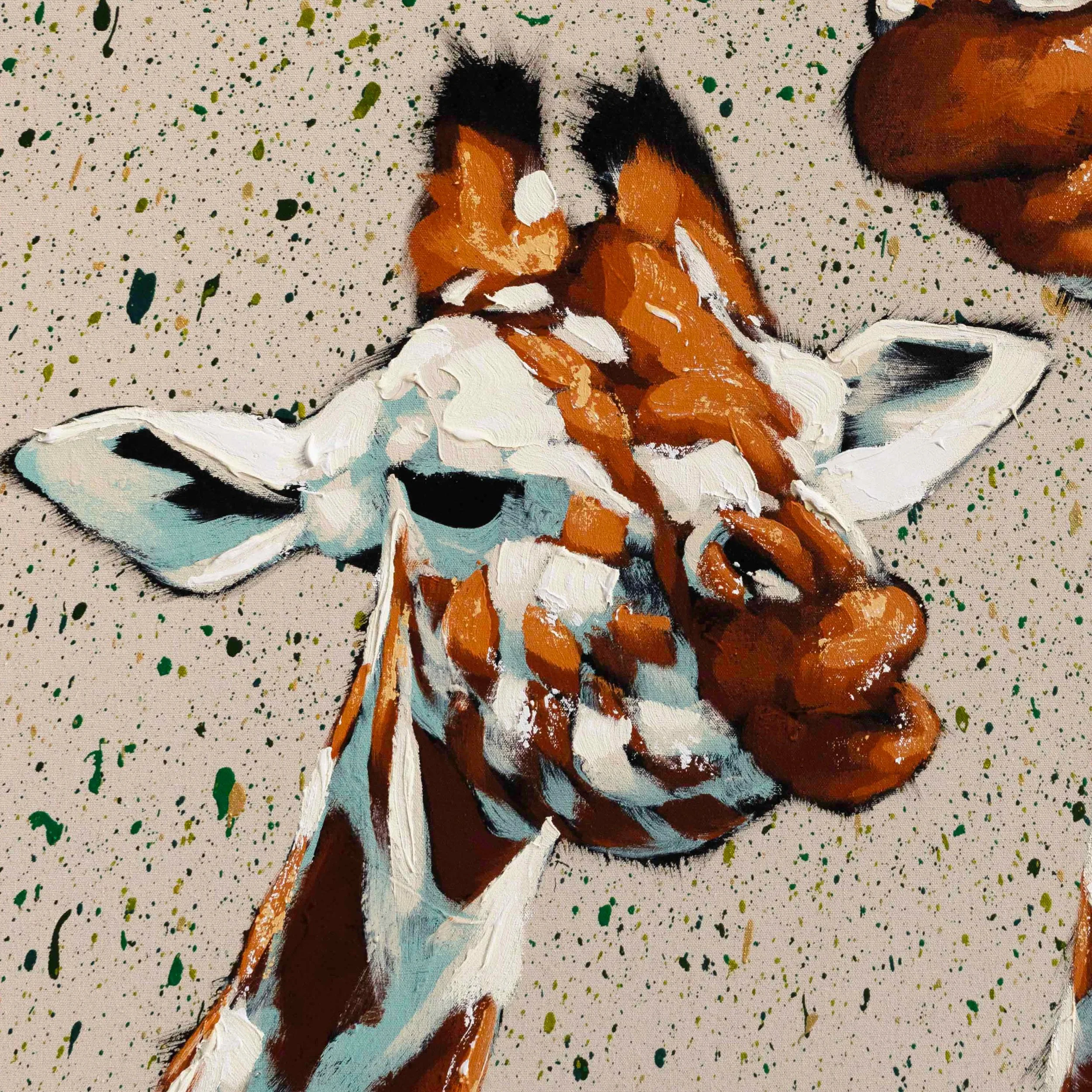 Macro view of layered paint and color contrast in a contemporary giraffe portrait by Josh Brown.