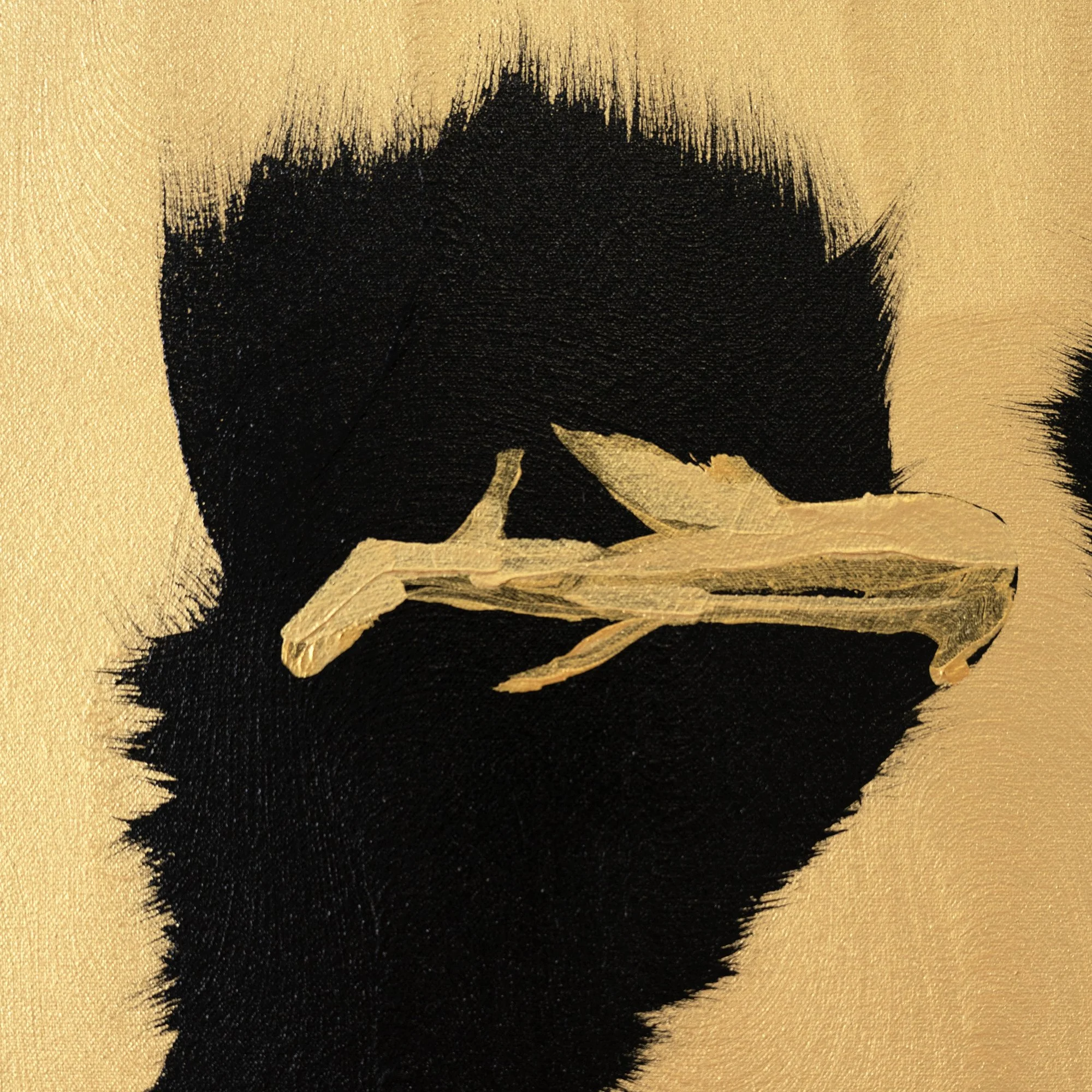 Zoomed-in view of a gold ostrich head in a minimalist fine art painting by Josh Brown.