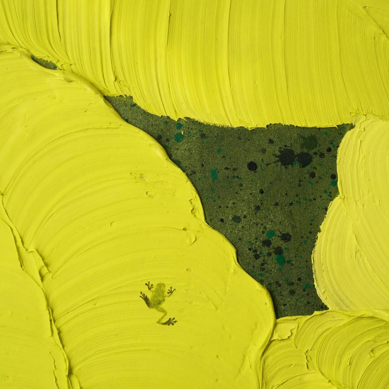 Painted leaf forms overlapping in rich yellow tones, emphasizing movement and depth in a contemporary abstract artwork by NYC based painter Josh Brown including a single frog.
