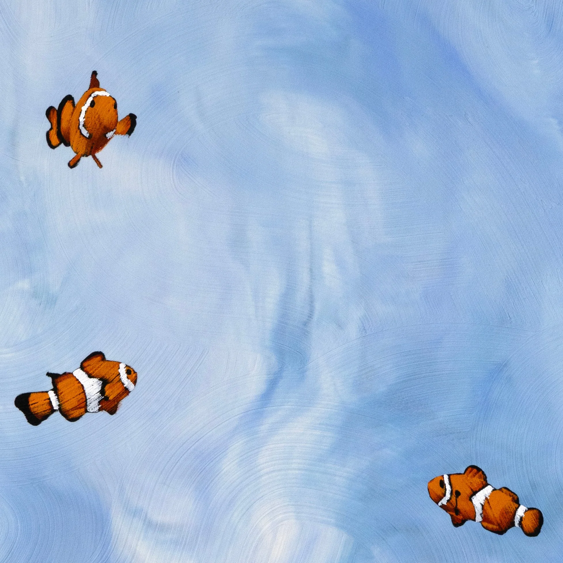 Minimalist marine-inspired painting with repeating clownfish and soft swirling brushstrokes by New York City based painter Josh Brown.