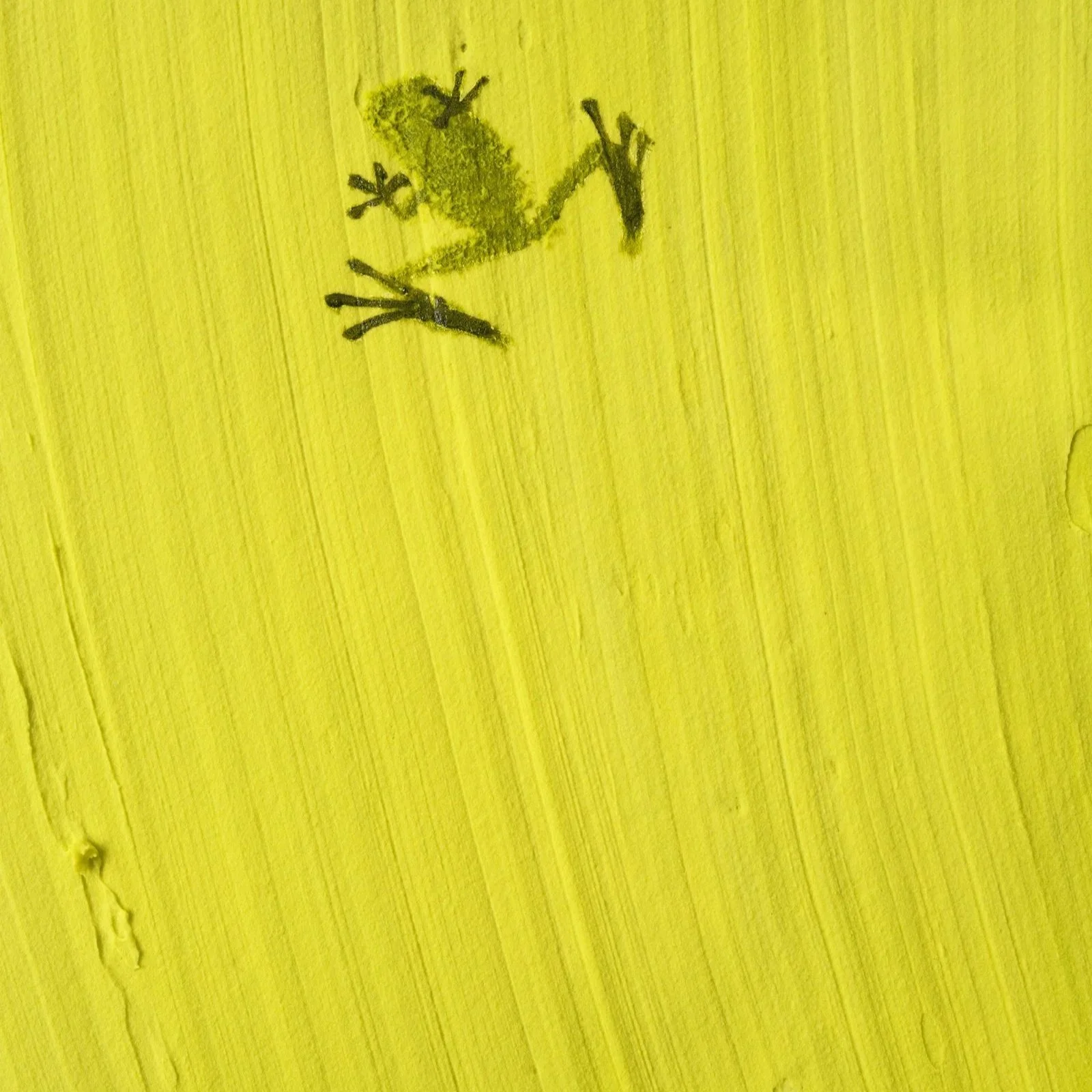 Close-up of textured yellow leaves with a single frog arranged in a rhythmic pattern across a contemporary square canvas by NYC based painter Josh Brown.