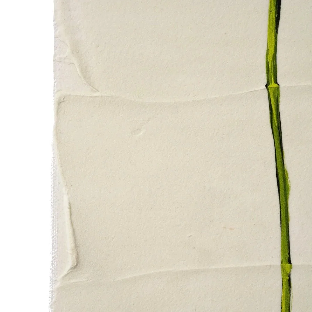 Contemporary acrylic painting of whimsical flowers with a calm, neutral background by Josh Brown cropped to highlight the background and a green stem.