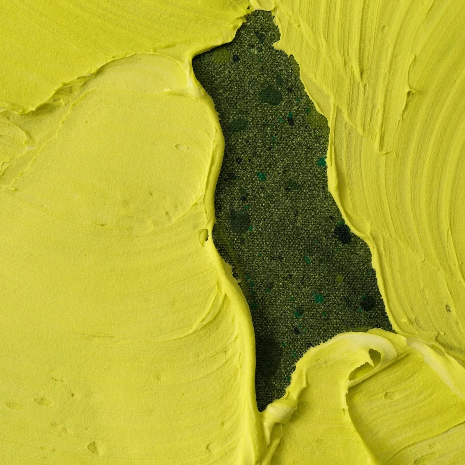 Zoomed-in section of a minimalist yellow abstract painting featuring tactile brushwork and natural leaf shapes featuring small green frogs by Josh Brown.