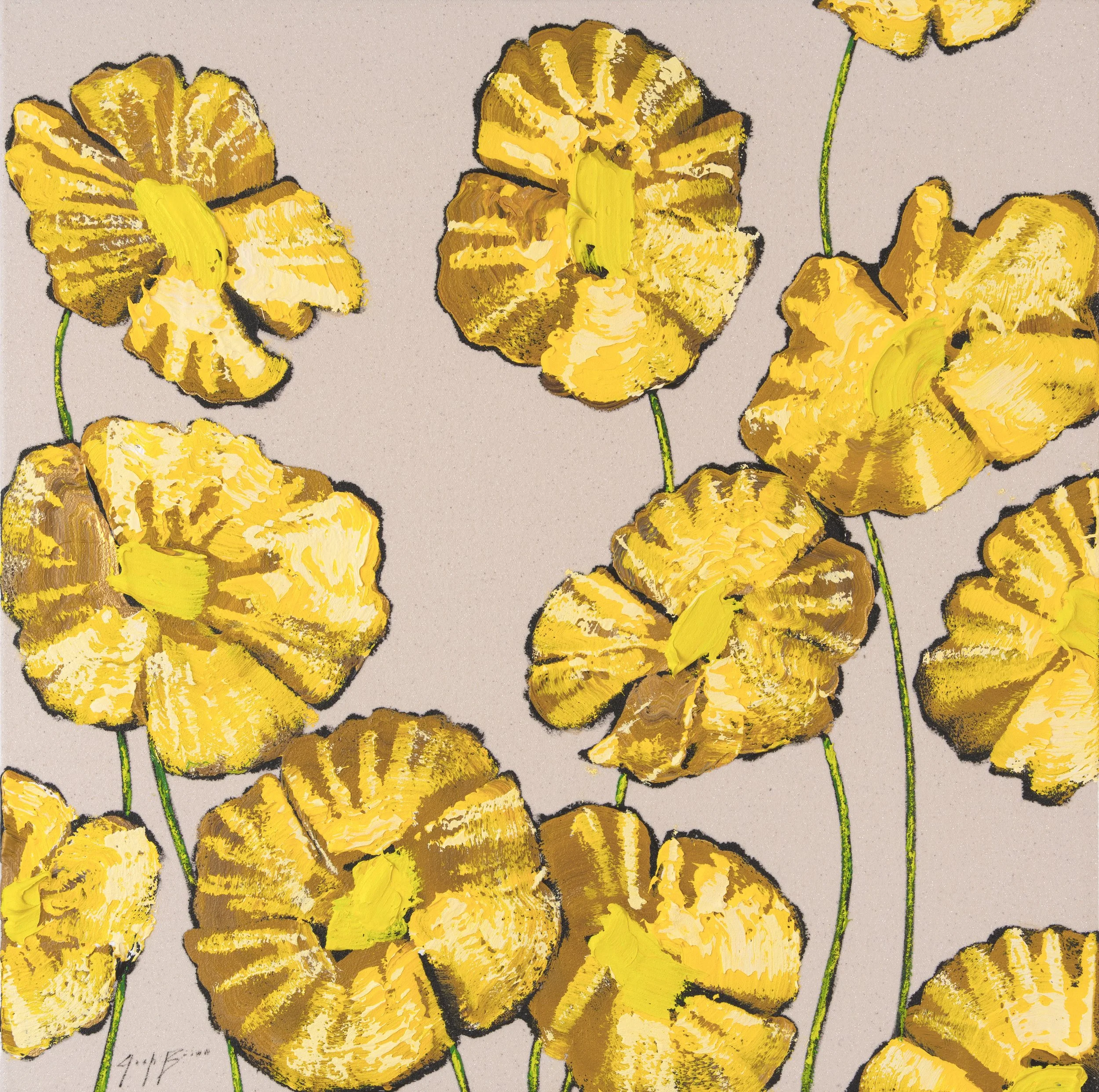 Original acrylic painting of golden yellow flowers on slender green stems against a soft neutral background. Contemporary floral fine art with rich texture for modern collectors.