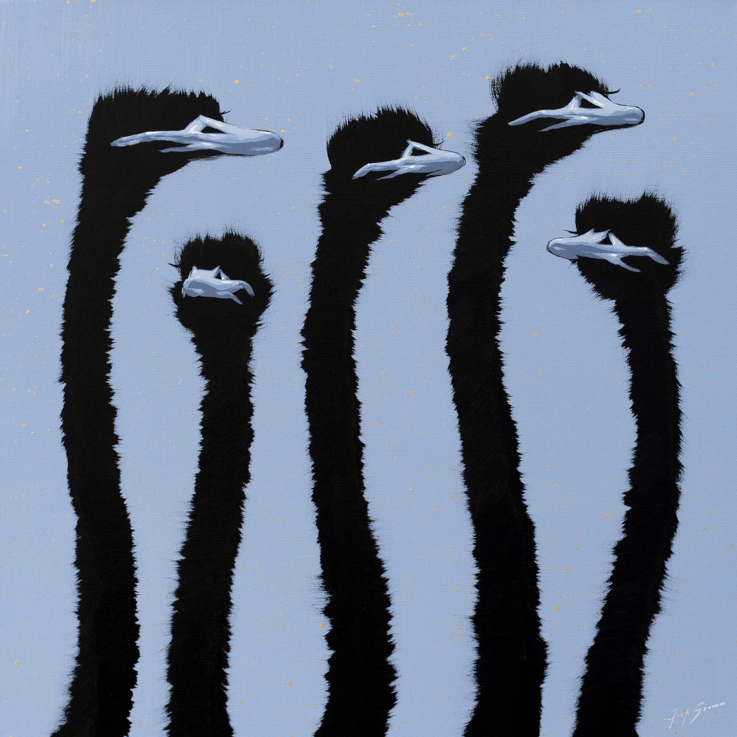 An acrylic painting of five ostriches with blue beaks on blue with tan speckles and a light blue background with expressive stokes of black. Perfect for the contemporary art collector.