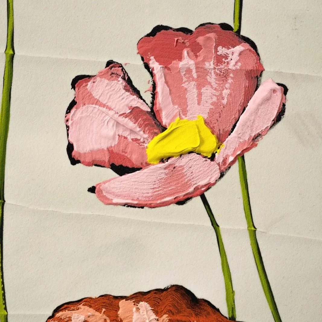 Collectible contemporary flower painting with textured petals and airy composition by Josh Brown.