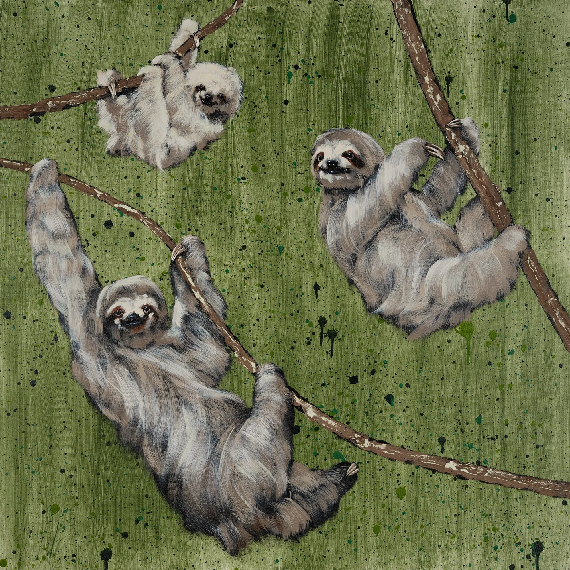 Original acrylic painting of three sloths hanging from tree branches against a lush green background, hand-painted with expressive brushstrokes and fine detail.
