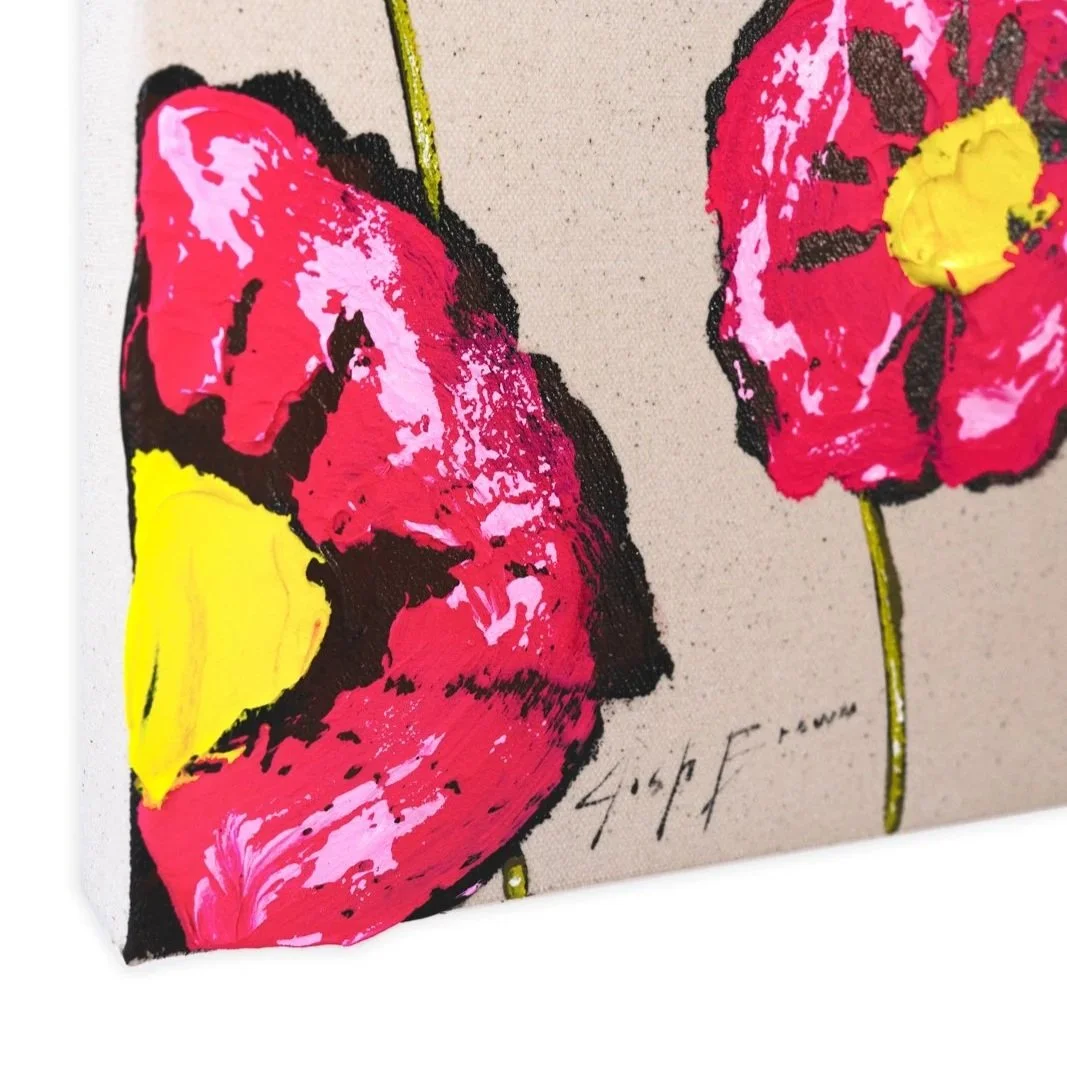 Contemporary floral artwork featuring expressive pink blossoms and bright yellow centers by Josh Brown.