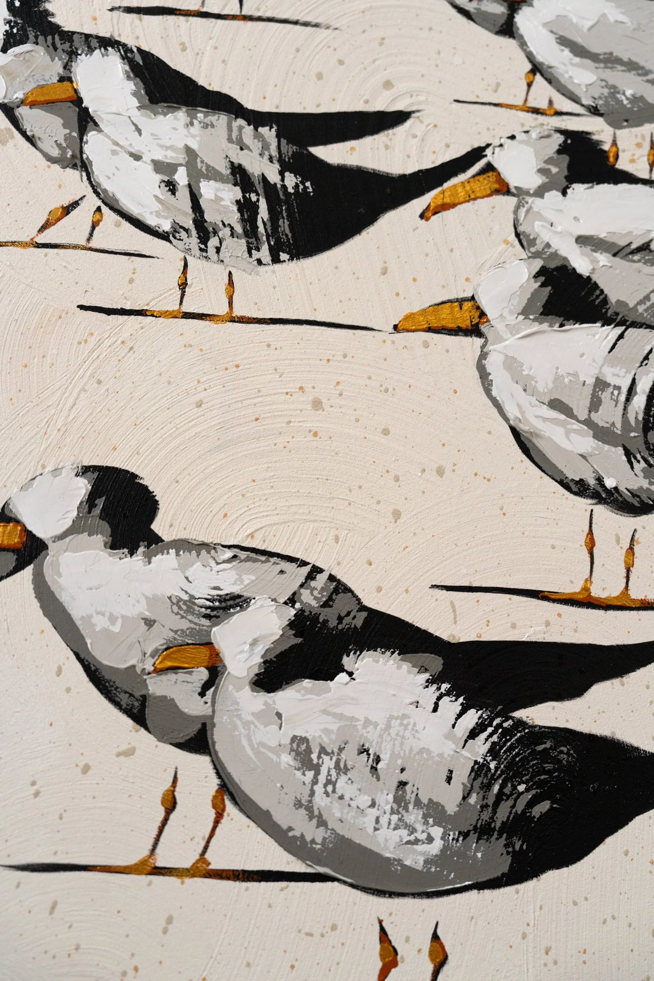 Textured acrylic painting of coastal birds arranged in a dynamic diagonal composition by New York City based artist Josh Brown.