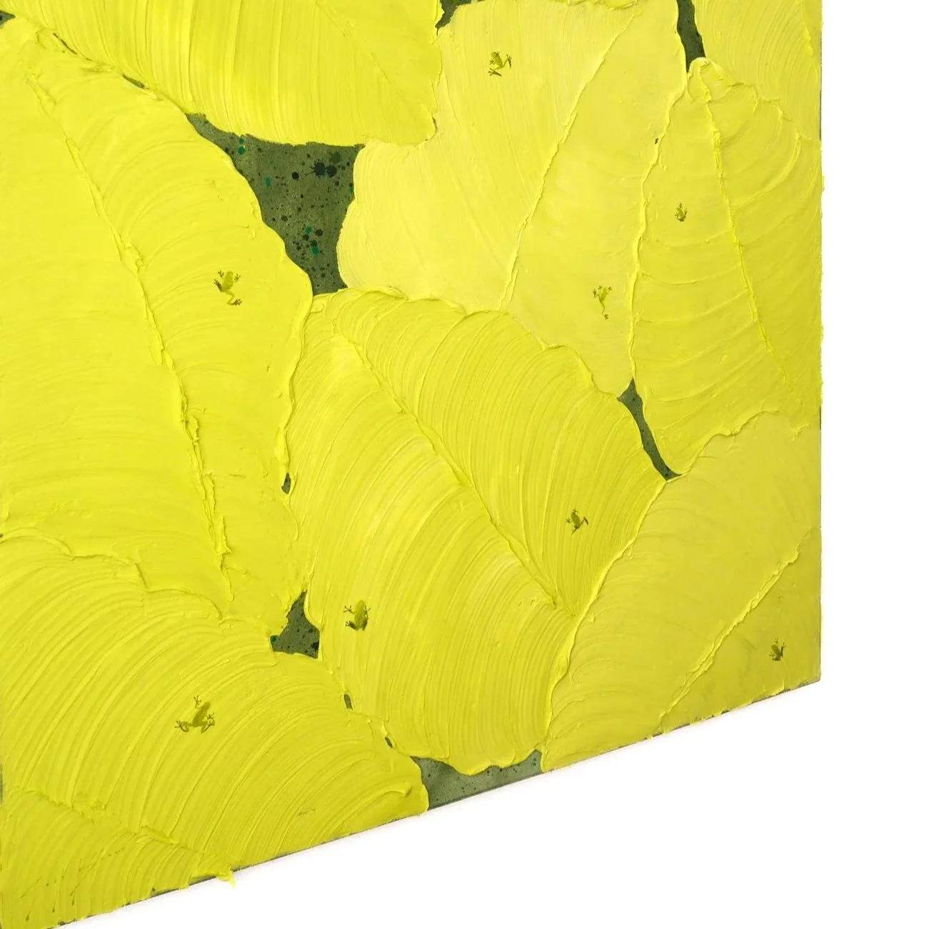 Detail view of layered yellow foliage with visible palette-knife marks in a contemporary botanical composition featuring tiny frogs by NYC based painter Josh Brown.
