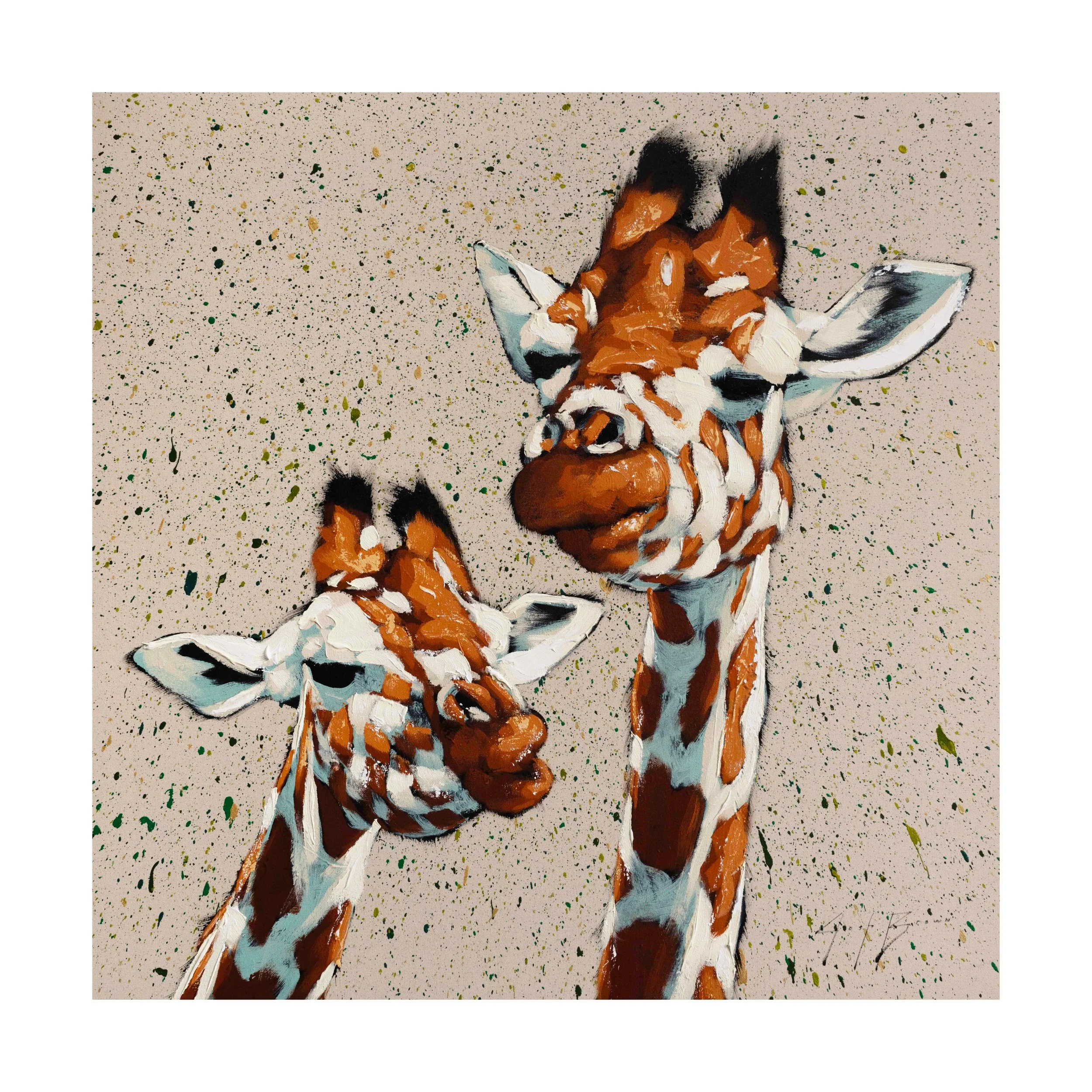 Detail of two giraffe heads painted in expressive brushstrokes against a speckled neutral background.