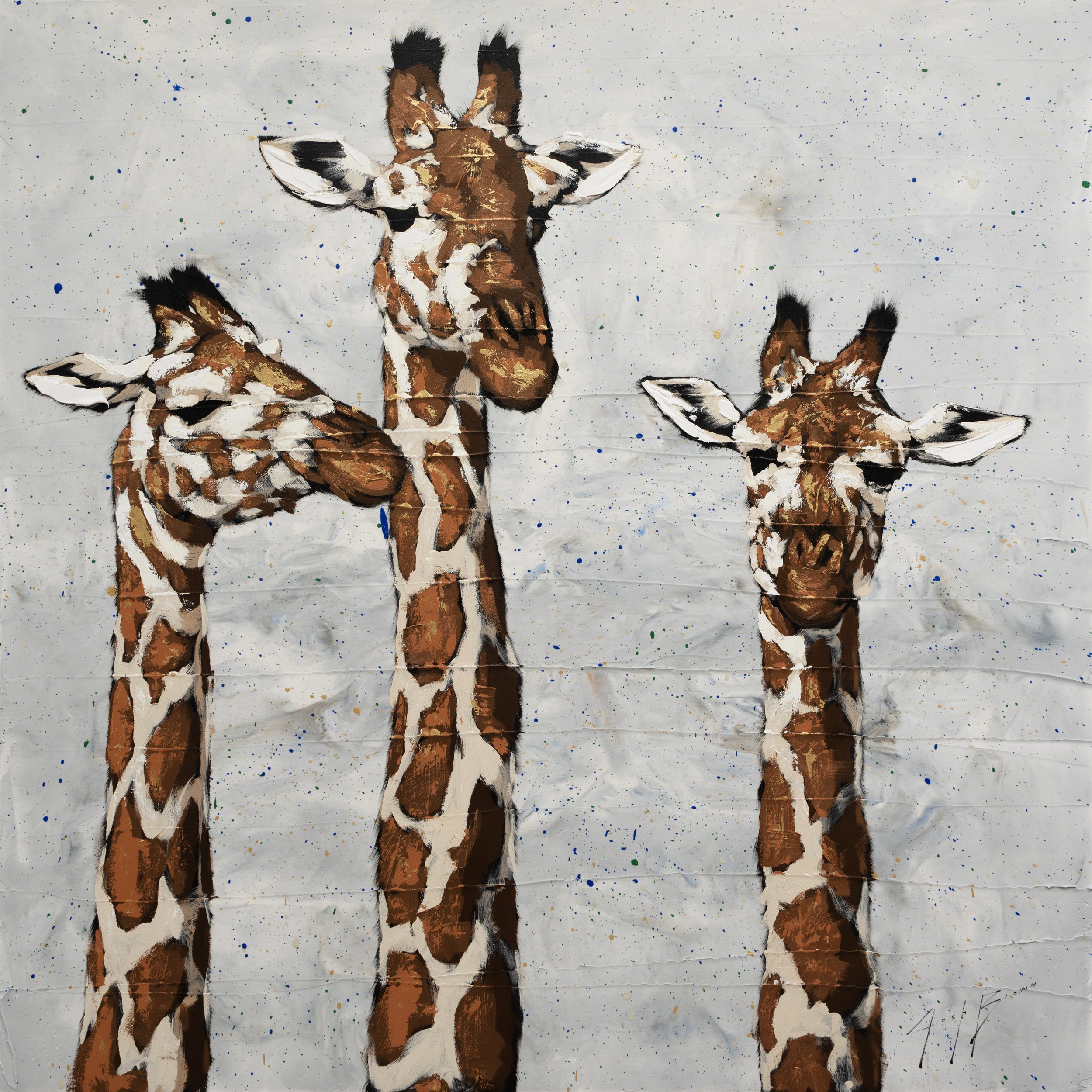 Original acrylic painting of three giraffes standing tall against a softly speckled neutral background, rendered with expressive brushwork and playful scale. Contemporary wildlife fine art for collectors seeking bold, modern compositions.